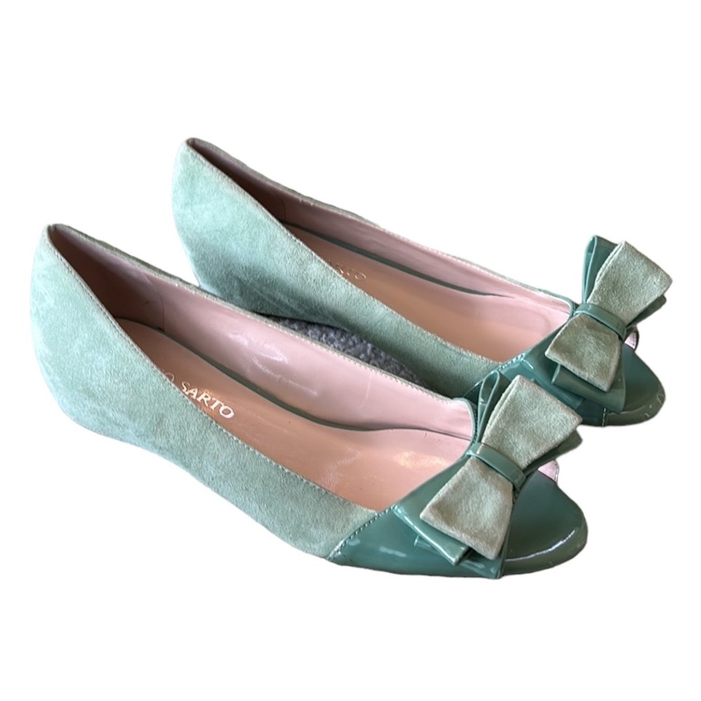 NEW Franco Sarto Mint Green Suede Patent Leather Bow Wedges - 8.5